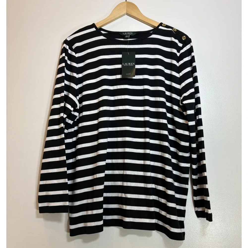 NWT Lauren Ralph Lauren Black White Striped Gold Button Shoulder Top 2X Nautical - Picture 1 of 10